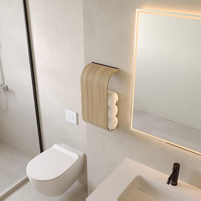 Bathroom Towel Holder, Toilet Paper Holder, Wooden Shelf, Walnut WC Roll Storage, Wall Mount Floating Rolls Rack, Unique Holders for Bathroom, TP Organizer (Walnut, Wide)