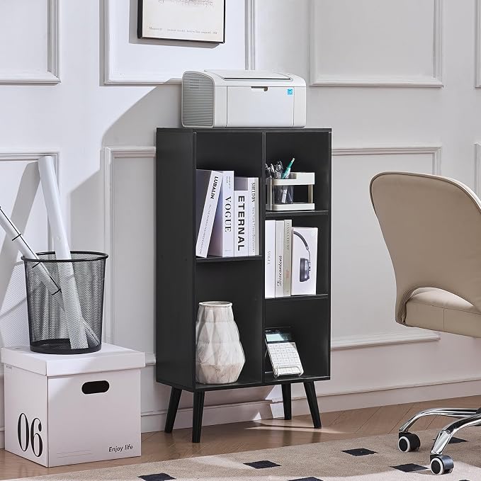 LEYAOYAO 5 Cube Bookshelf 3-Tier Bookcase with Legs,Mint Black Kids Book Shelf Cute Storage Organizer,Free Standing Open Toy Shelves Wood Bookshelves,Display Bookcases for Bedroom,Living Room,Nursery