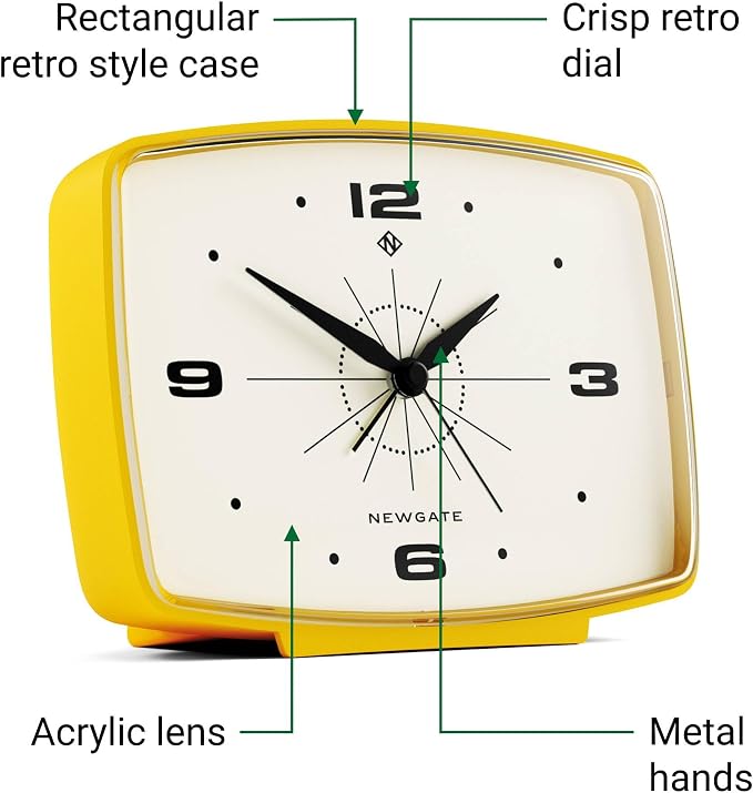 NEWGATE® Brooklyn Alarm Clock | Rectangular Retro Design | Citrus Yellow | Ideal for Bedside, Desk, Shelf & Mantel | Mid-Century Retro Bedroom & Office Accessory