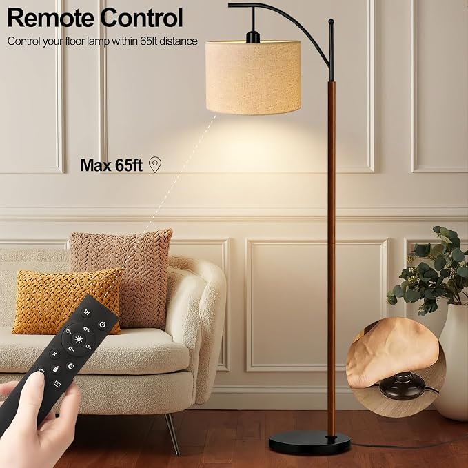 ILLMTW Arc Floor Lamp for Living Room,Bedroom,Vintage Mid Century Modern Standing Lamp with Remote Dimmable,Wood Boho Black Tall Lamp Fabric Lamp Shade Floor Lights Bohemian Tiffany Style