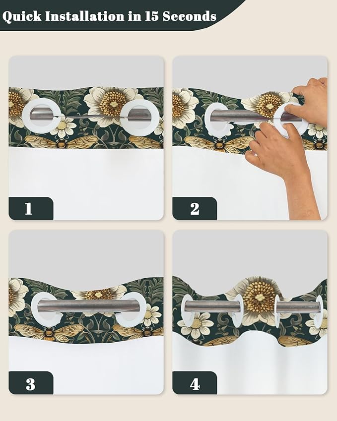 No Hook Shower Curtain with Snap in Liner Set - Vintage William Morris Floral & Bee Print Shower Curtains for Modern Farmhouse Bathroom, Waterproof Bath Tub Curtain with Mesh Top, 71Wx74H
