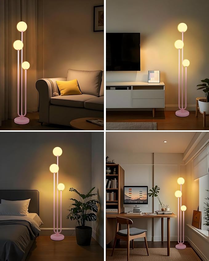 Lightdot 63IN Pink Floor Lamp Mid Century Modern Floor Lamp with 3 Globe 3000K Bulbs Included, 3 Lights U-Style Standing Lamp for Wedding Party/Living Room/Bedroom/Sofa Beside/Corner Decor