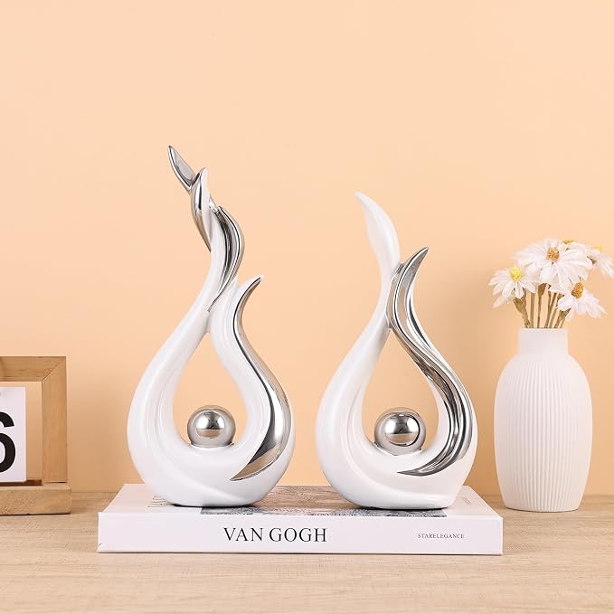 2PCS Abstract Flame Ceramic Sculpture Set – Modern Figurines for Living Room Table Centerpiece, Dining Table Decor, Bedroom Table Decor, Shelf Sculpture, Fireplace, and Home Decoration (White Silver)