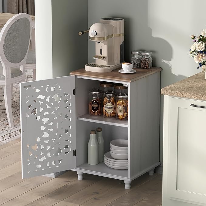 Small Accent Cabinet with Carved Mandala Door, White Storage Cabinet with Solid Wood Legs & Adjustable Shelf, Boho Distressed End Table for Living Room, Bedroom, Entryway Side Table