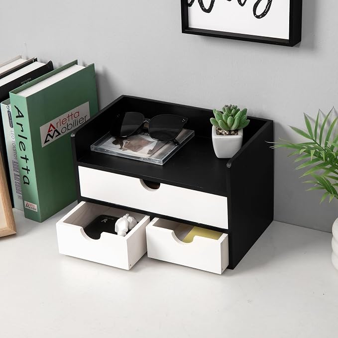 Rustic Distressed white 3-Tier Wood Desk Organizer with 3 Drawers Mini Storage Shelf For Desk, Toiletries Vanity Office Supplies (BlackWhite)