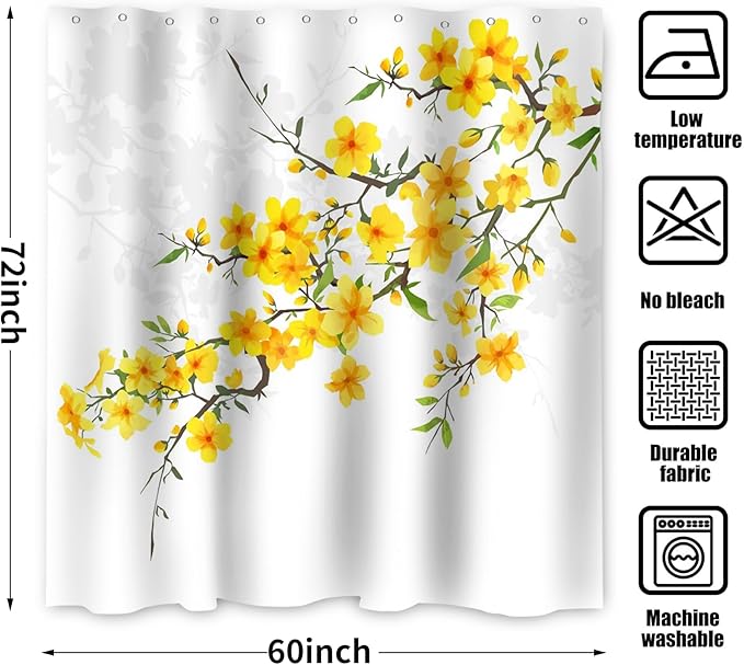 Yellow Floral Shower Curtain, Flower Blossom Plant Botanical Spring Durable Waterproof Fabric Machine Washable with Hooks for Bathroom Bathtub Decor 60Wx72H