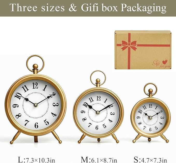 EMAX HOME Vintage Table Clock on Stand, Decorative Desk and Shelf Clock Rustic Mantel Clock Non-Ticking, Metal Frame with Antique Gold Finish