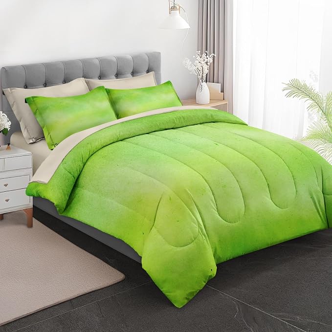 5Pcs Comforter Set Twin Size, Modern Lime Green Lemon, Bedding Decor Watercolor Pastel Dye Stained Abstract Bedroom Bed Set with Flat Sheet Fitted Sheet Pillowcases Shams for Kids and Adults