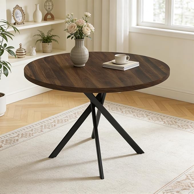 44" Round Dining Table for 4, Modern Mid-Century Dining Kitchen Table of 4, Cozy Dinette Round Table with Metal Leg for Kitchen Dining Room Apartment, Walnut
