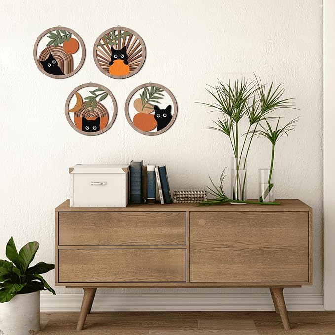 HPNIUB Boho Black Cat Wall Decor, Farmhouse Geometric Hanging Wooden Wall Art, 4 Pieces 10''x10'' Mid Century Bohemian Abstract Moon and Sun Wood Sign for Nursery Bedroom Decoration, Lovely Cat Gifts