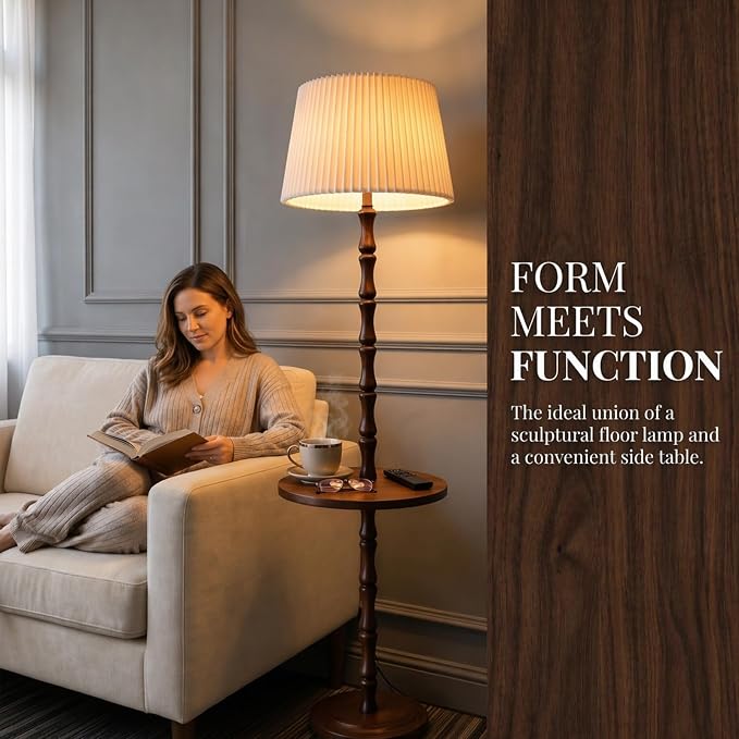 Real Wood Floor Lamp with Built-in Tray, Remote Control, Adjustable Brightness & 3 Color Temperatures, Dimmable Standing Lamp for Living Room, Bedroom, and Office – Easy Setup(Dark Walnut)