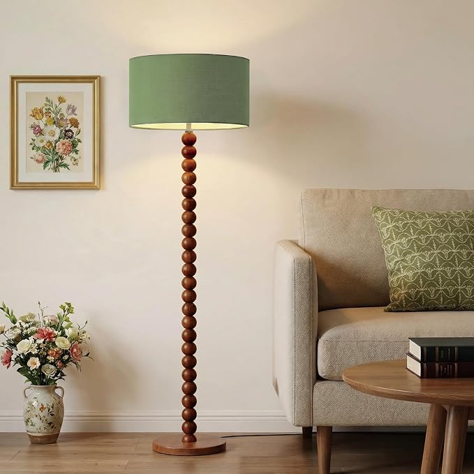 Buruis 61" Beaded Wood Floor Lamp with 17.2" Large Linen Shade, Retro Mid-Century Accent Walnut Finish Standing Lamp for Living Room, Bedroom, Office, Corner, UL Listed, Bulb Not Included, Green