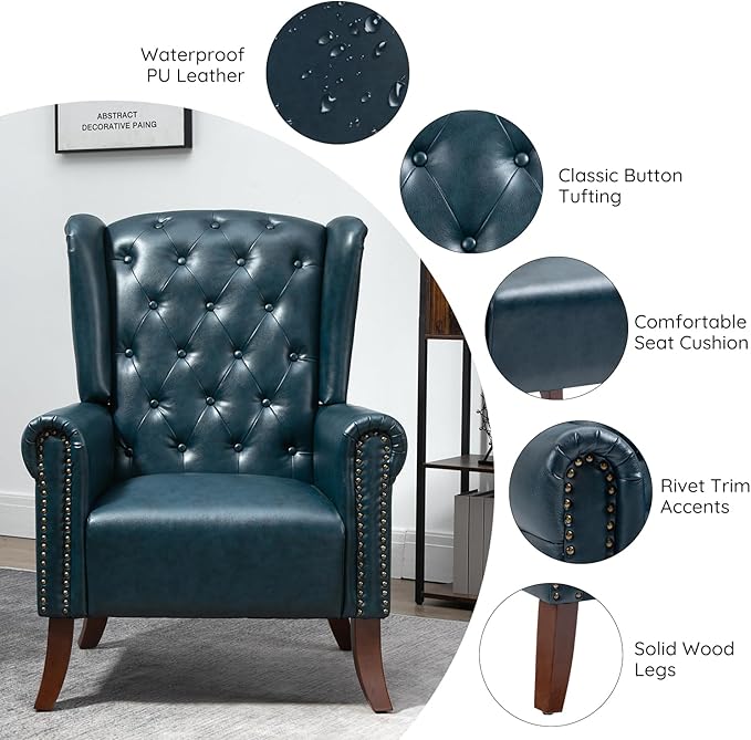 MOJAY Modern PU Leather Accent Chairs Set of 2, Mid-Century Living Room Chairs Upholstered Club Arm Chair, Single Sofa Chair with Solid Wooden Legs for Bedroom Study Home Office Reception (DarkBlue)