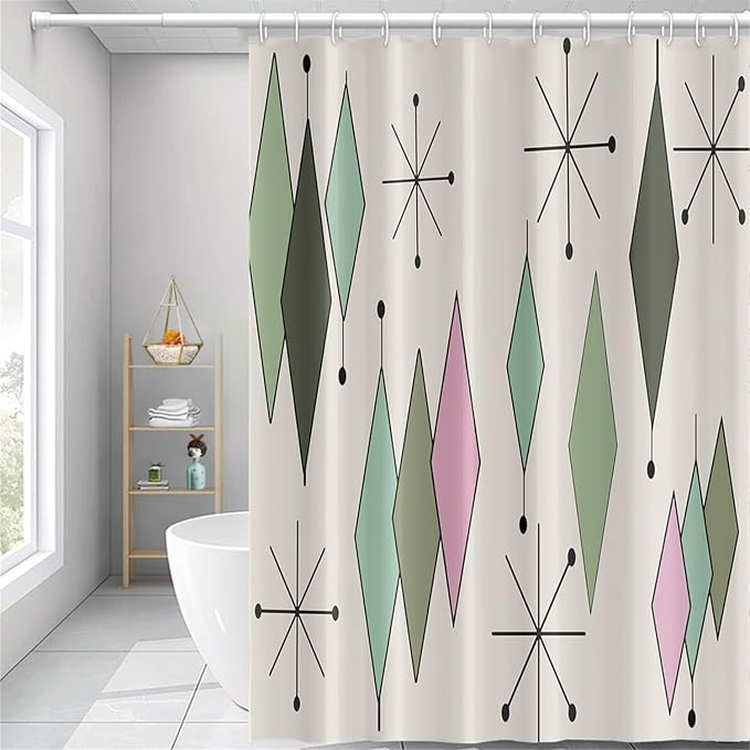 Mid Century Shower Curtain Modern Abstract Green Pink Diamond Geometric Atomic Starburst Pattern for 1950s Retro Bathroom Decor Accessories Shower Curtain Set with 12 Hooks, 65x72 Inches