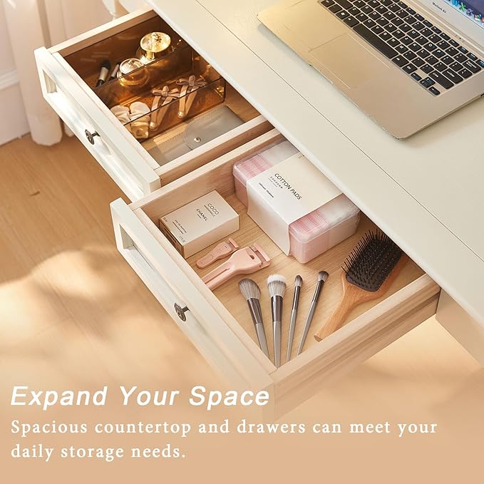 ADORZ Writing Desk with Drawers, 47 Inch French Country Desk Solid Wood Writing Desk for Home Office, Study Workspace or Bedroom (White, 47 inches)