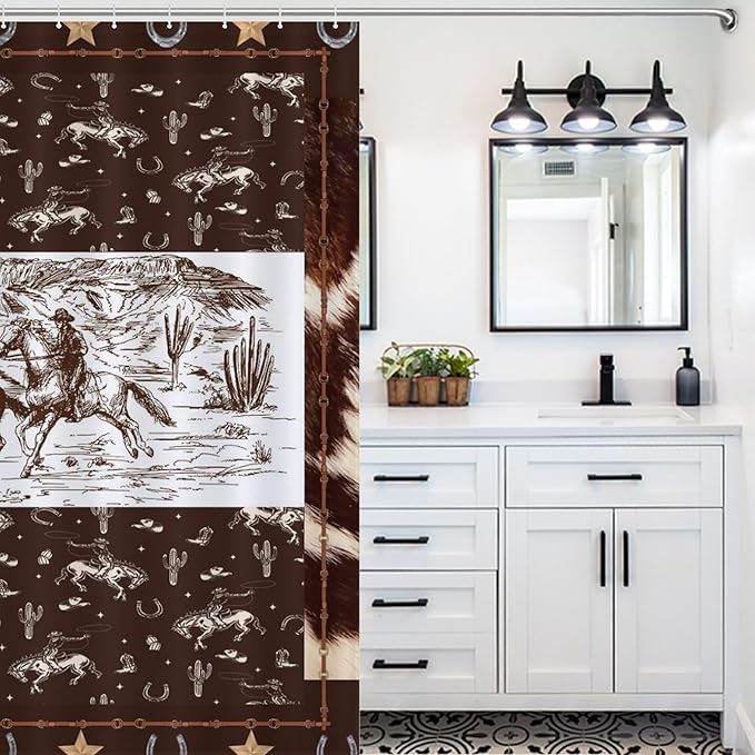 Western Horse Cowboy Shower Curtain for Boys Men Kids Teens Rustic Country Wild West Waterproof Shower Curtains for Bathroom Decor 12 Pack Hooks 72x72in (183x183cm)