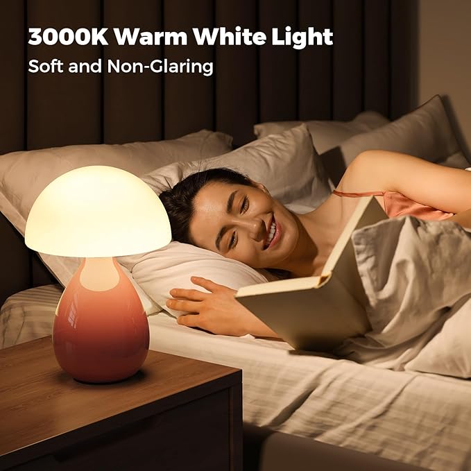 Mushroom Lamp, Vintage Small Table Lamp for Bedroom, Ice Crack Ceramic LED Night Light for Kids, Mid Century Modern Bedside Lamp for Nightstand, Living Room, Home Decor Gift Ideas for Women, Pink