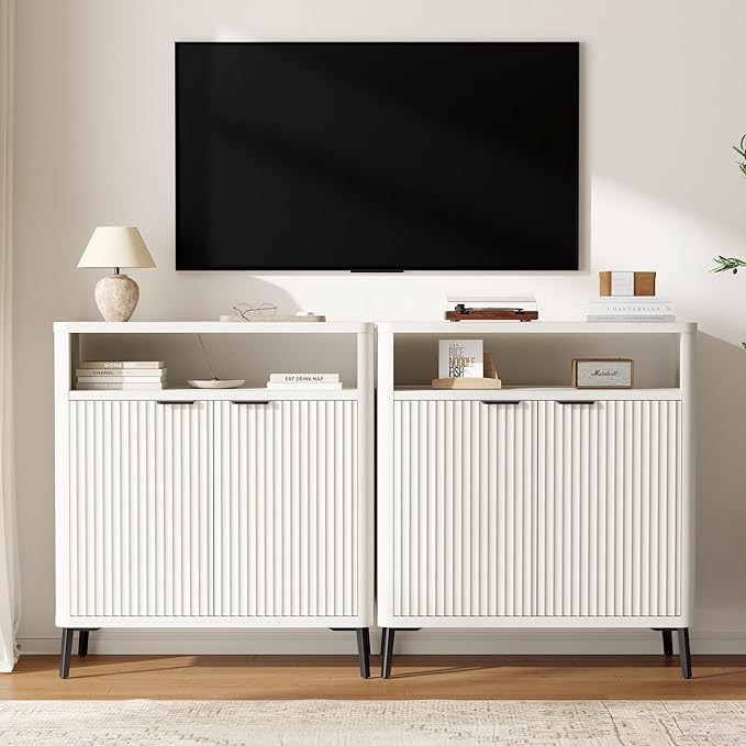 Buffet Sideboard Cabinet with Storage, Fluted Coffee Bar with 2 Doors and Adjustable Shelves, 34'' Modern Wood Cabinet for Dinning Room, Kitchen, Living Room,Coffee Bar (White)
