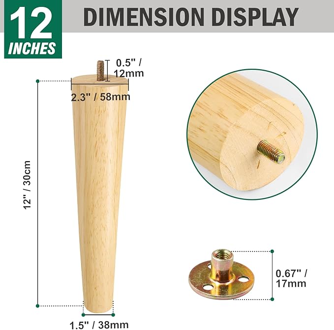 FoDau770 Rubber Wood Furniture Legs 12 Inches, Straight Tapered Wood Feet Mid Century Sofa Legs Set of 4, 5/16" UNC Furniture Feet Replacement Parts for Cabinet Couch Dresser Chair Ottoman Table