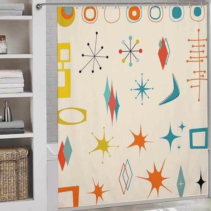 Mid Century Modern Shower Curtain,Vintage Iconic Atomic Modern Retro Space Abstract Geometric Fabric Bathroom Decor Curtains with Hooks 72x72in（183x183cm）