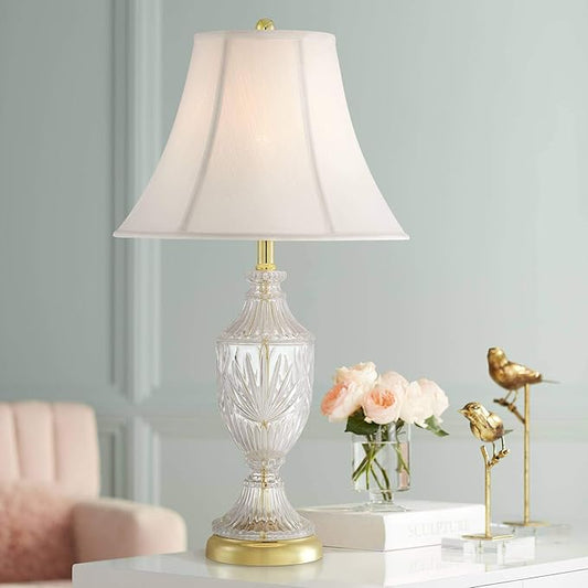 Regency Hill Traditional Style 3-Way Table Lamp with Table Top Dimmer 26.5" High Cut Glass Urn Brass Metal Cream Fabric Empire Shade Decor for Living Room Bedroom House Bedside Nightstand Home