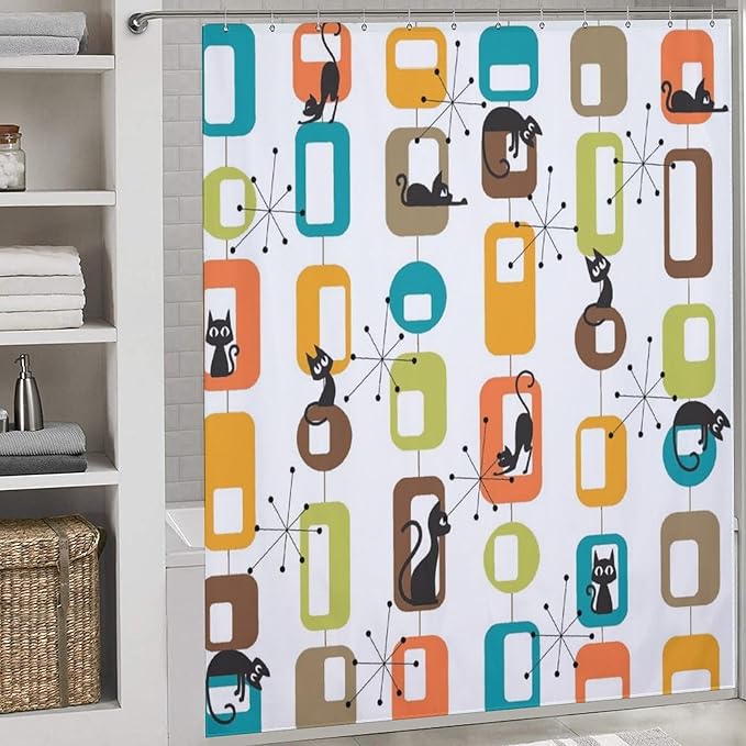 Cats Shower Curtains Mid Century Retro Atomic Black Cat Geometric Abstract Cubes Pattern Duty Fabric Shower Curtain Set Bathroom Polyester Waterproof with 12 Hooks,72x72Inch（183x183cm）