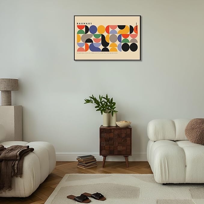 Vintage Bauhaus Weimar 1919 Framed Poster Vibrant Circles And Arcs Minimalist Text Canvas Wall Art Beige Backdrop Prints Painting For Home Bedroom Dorm Wall Decor 8x10in Framed