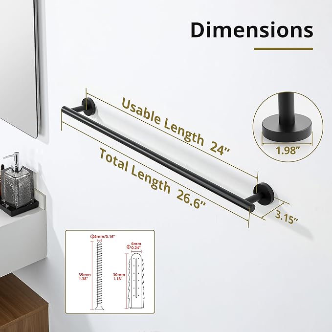 SAYAYO Black Towel Racks for Bathroom, 24 Inch Towel Bar Towel Rod Towel Holder Wall Mount SUS304 Stainless Steel (26.6 Inch Total Length)
