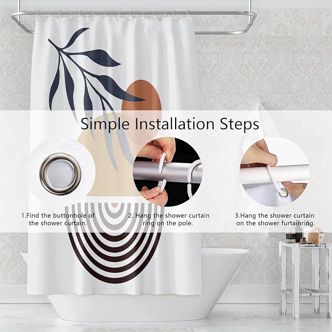 Mid Century Bohemian Bathroom Shower Curtain Abstract Circle Eucalyptus Leaves Sun Boho Shower Curtain with Hooks Waterproof Fabric Polyester Shower Curtain Aesthetics Home Decor, 36x72 Inch