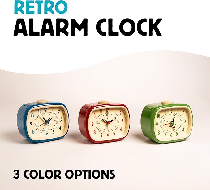 Kikkerland Retro Alarm Clock – Vintage Decor for Bedroom, Nightstand, Living Room, or Office – Battery Operated, Decorative Analog Clock, Blue