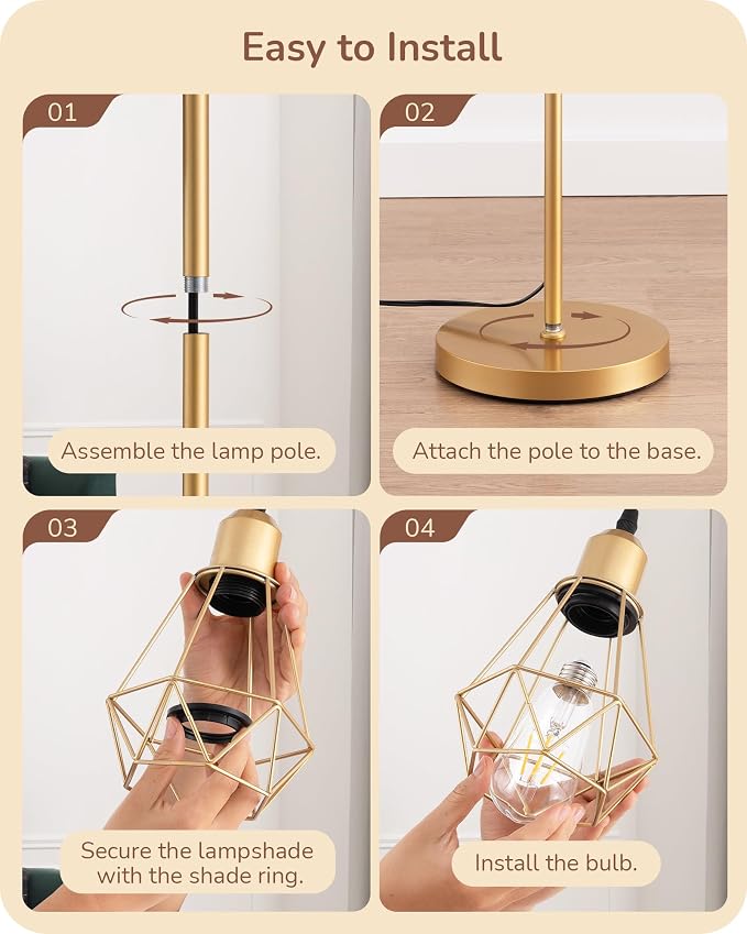 EDISHINE 70'' Dimmable Industrial Floor Lamp, Farmhouse Standing Lamps Diamond-Shaped Lampshade, 3 LED Edison Bulbs Included, Modern Rustic Floor Lamps for Living Room, Bedroom, Office, Gold