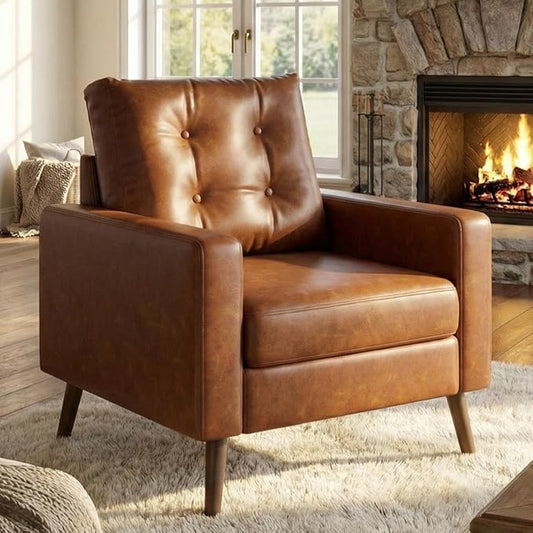 Wahson Office Chairs PU Accent Arm Chair with Tufted Back, Faux Leather Comfy Upholstered Single Sofa, Mid Century Modern Side Club Chair with Wood Legs for Reading/Living Room/Bedroom, Caramel