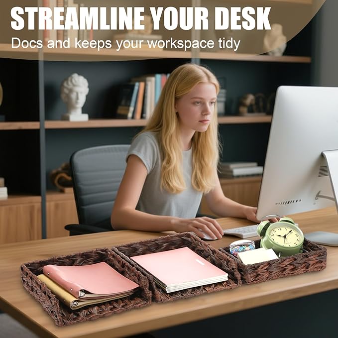 Geelin 3 Pack Water Hyacinth Woven Stackable Desk Organizer Letter Tray, Brown Tabletop Desk Basket for Storage Paper Letter Folders Notebooks Copy Print, Workspace Holder