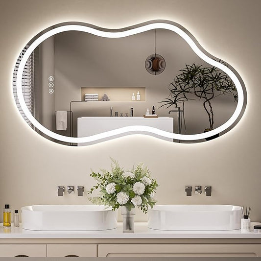 Cloud Shape Asymmetrical LED Vanity Mirror with Lights, 48"x27" Fogless Lighted Bathroom Mirror, 4mm Tempered Glass, Dimmable 3-Color & Memory Function, Wall Mounted (Horizontal/Vertical)
