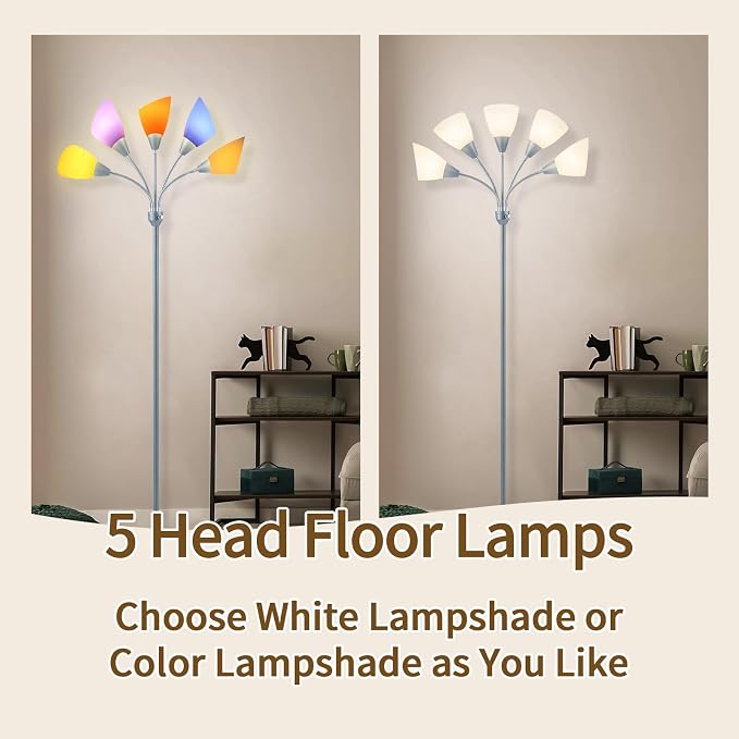 Medusa Floor Lamp, Multi Head 5 Light Floor Lamps for Living Room with 10 Lampshade, Adjustable Neck Reading Standing Lamp for Bedroom,Office,Kids,Classroom (Sliver)