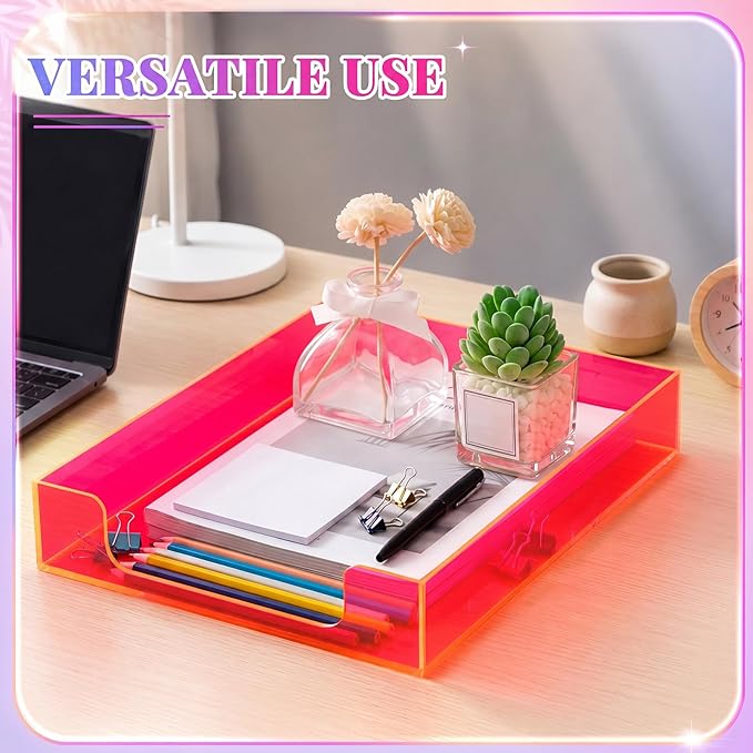Maxcheck 2 Pcs 12.6 x 10.2 x 2.1'' Acrylic Letter Tray Organizer Stackable Desk Paper Tray with Non Slip Rubber for Office Accessories Desk File Document Folder (Neon Pink)