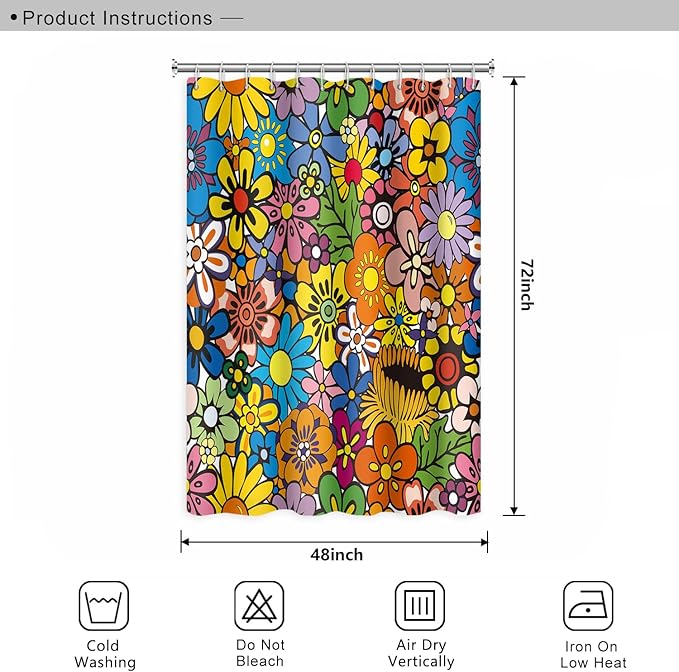 Bohemia Colorful Flowers Bathroom Shower Curtain Funky Retro Hippie 60s 70s Aesthetic Washable Polyester Durable Fabric Home Shower Curtain with Hooks, 48x72 Inch