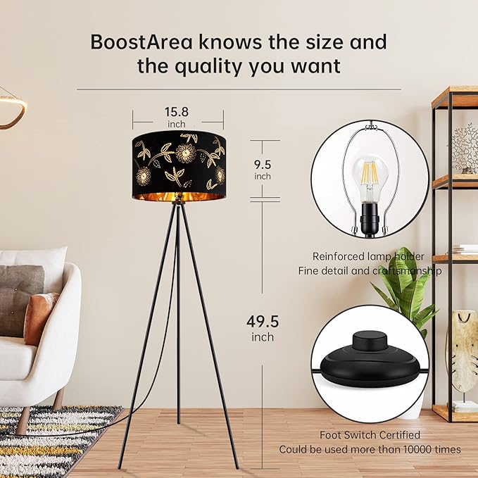 BoostArea Flower Tripod Floor Lamp, Mid Century, 8W LED Bulb, Decorative Lamp Shade, Black Metal Pole, Suitable for Living Room, Bedroom, Study, Office