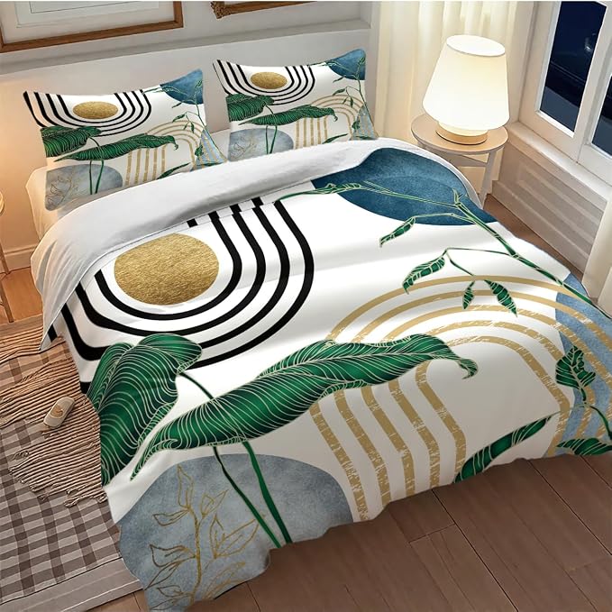 Mid Century Leaves Bedding Set,Modern Abstract Tropical Monstera Palm Leaf Plant Minimalist Spring Summer Bohemian Geometric Comforter Set with Pillowcase for Bedroom Bed Decor,King 102"x90"