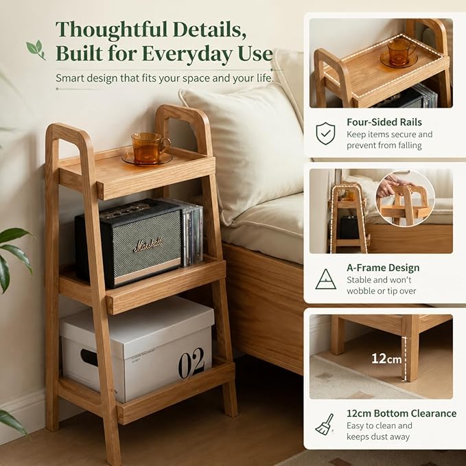 100% Solid Oak 3 Tier Ladder Shelf, Small Bookshelf, Ladder Bookshelf, Bookcase with Stable Frame, Small Table for Living Room Bedroom(Natural, 12.6" L x 17.72" W x 31.5" H)