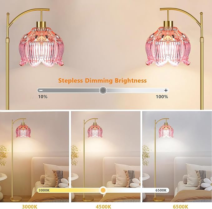 Pink Floor Lamp for Living Room,Bedroom,Glass Mid Century Modern Standing Lamp with Remote,Dimmable Gold Brass Tall Lamp Tulip Flower Arc Floor Light Boho Bohemian