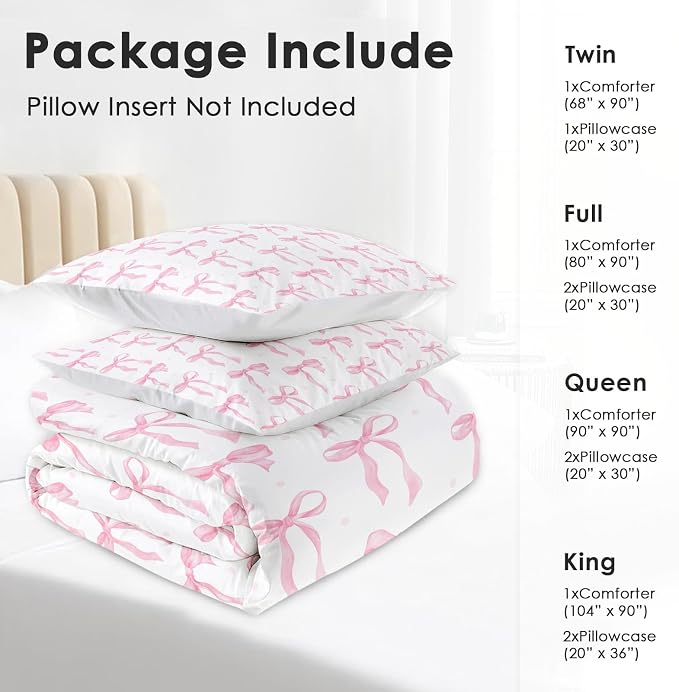 Comforter Set with Pillowcase Twin Size, Cute Coquette Pink Bow Bowknot, Bed Decor Sweet Themed Elegant Girly Baby for Kids and Adults, Soft Cozy Bedroom Bedding Set