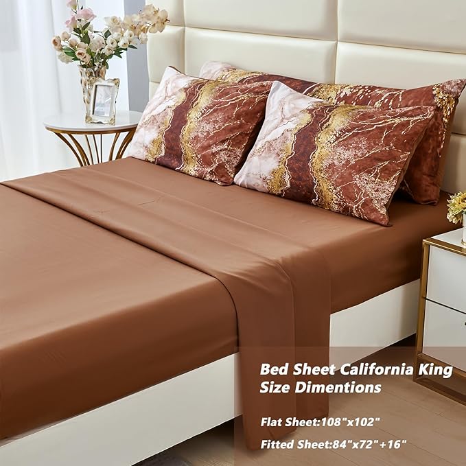 PERFEMET 6 Pcs Marble Comforter Set California King Watercolor Tie Dye Printing Bedding with Sheets Abstract Artwork Brown and Gold Bed in A Bag Complete Set(Coffee Brown, Cal King)