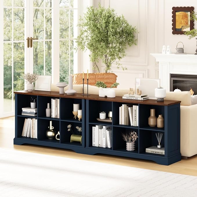 6 Cube Storage Organizer - 47.4" Farmhouse Wood Low Bookshelf, 3 Tier Horizontal Open Shelf Bookcase Cubby Storage Console Cabinet for Living Room, Entryway, Office, Navy Blue