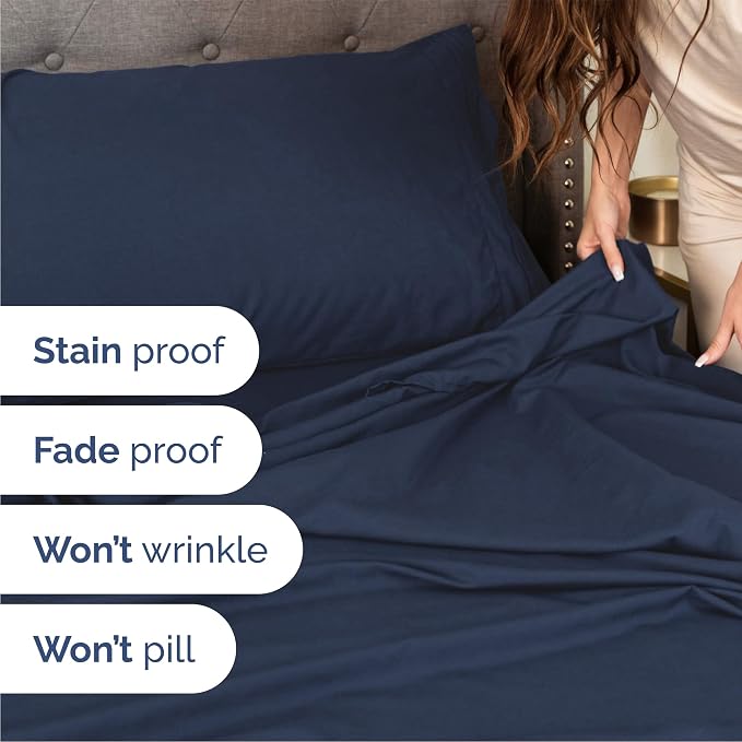 Queen Size 4 Piece Sheet Set - Comfy Breathable & Cooling Sheets - Hotel Luxury Bed Sheets for Women and Men - Deep Pockets, Easy-Fit, Soft and Wrinkle Free Sheets - Navy Blue Oeko-Tex Bed Sheet Set