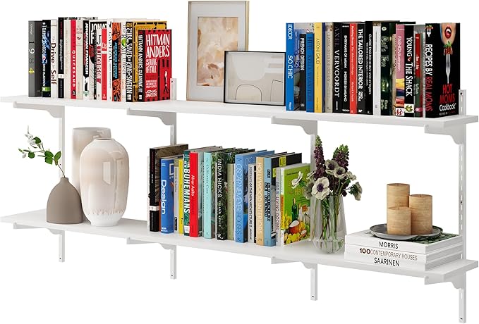 Wallniture Turin 60 inch x 8 in Floating Shelves for Wall Decor, Floating Book Shelf for Living Room, Wall Shelves with Adjustable Standard Rail Bracket System, White, Wood