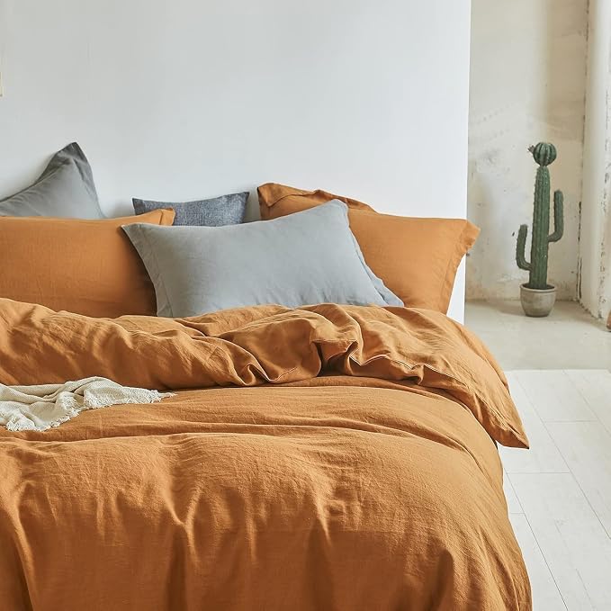 Simple&Opulence 100% Linen Duvet Cover Set, 3 PCS Natural French Flax Rust Duvet Cover Queen Size, Breathable Soft Comfy Linen Bedding Comforter Cover with 2 Pillowcases(Rust, 88"x92")