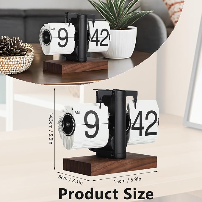 FOSA Flip Desk Clock, Retro Vintage Mechanical Flip Clock with Large Numbers, Silent Desk Table Clock with Wood Base for Home Office Desk Decor Living Room Study Room (Black)