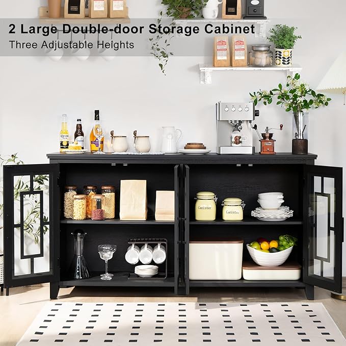 Large Sideboard Buffet Cabinet with Storage, 63" Black Farmhouse Kitchen Coffee Wine Bar Cabinet with 4 Glass Doors, Mid Century Modern Wooden Side Board Table for Dining Room, Living Room