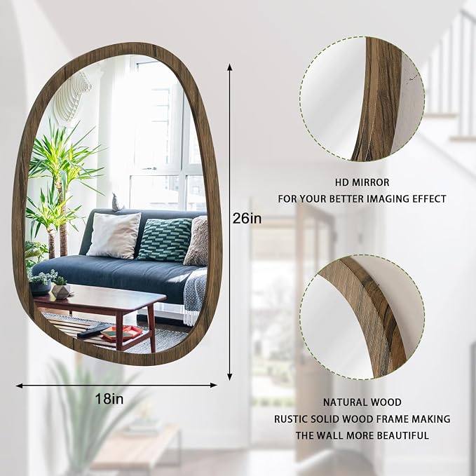 Brown Irregular Wooden Framed Mirror Hanging Asymmetrical Mirror for Wall Modern Wall Mirror Unique Shape Decorative Vanity Bathroom Living Room Bedroom Entryway Hallway Artistic Oval Mirror